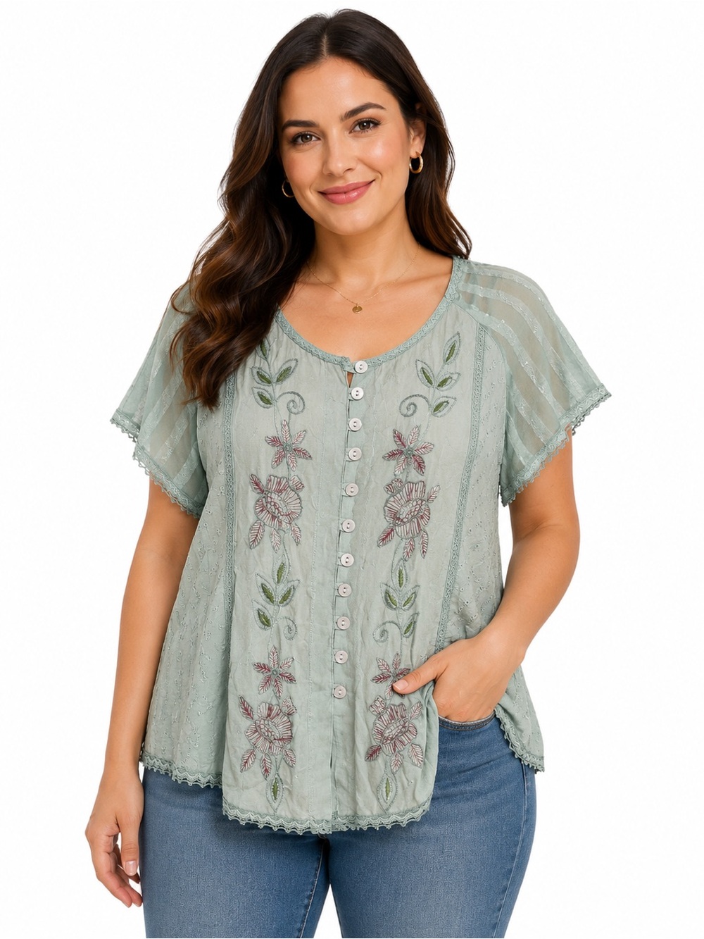 Whimsical Embroidered Teal Short-Sleeve Women's Blouse